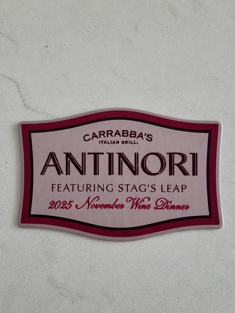 Carrabbas Antinori Wine Dinner Pin - Pink and Burgundy